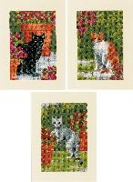 Les chats entre fleurs, lot de 3 cartes de voeux  broder Vervaco