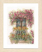 Balcon de fleurs, kit broderie sur toile de Lin Lanarte