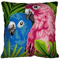 Perroquets Rose & Bleu, kit coussin canevas Margot de Paris