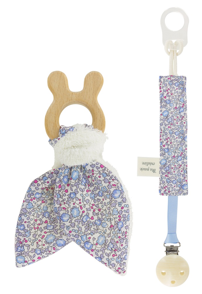 Kit tissu Liberty attache tétine et hochet oreilles de lapin en bois