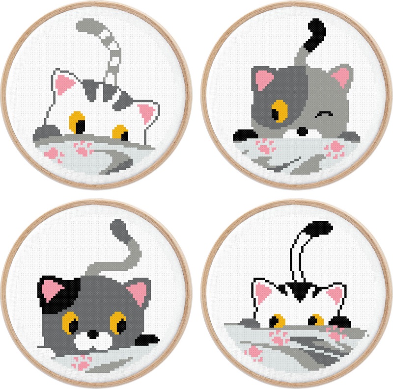 Kits Broderie Cadre Rond : Kits Broderie Cadre Rond Princesse,4 Tableautins  Petits Chats, Kit Point De Croix Princesse