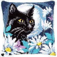 Chat Noir & Fleurs, kit coussin canevas Vervaco