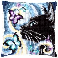 Chat Noir & Papillon, kit coussin canevas Vervaco